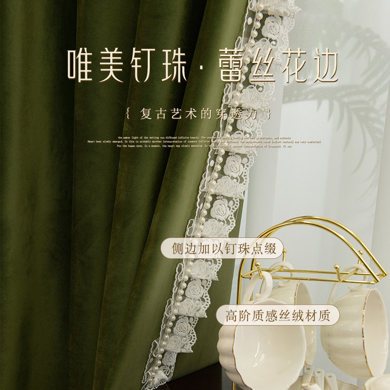 French retro olive green blackout curtains for living room and bedroom, velvet fabric, thickened curtain fabric, shaoxing curtain wholesale
