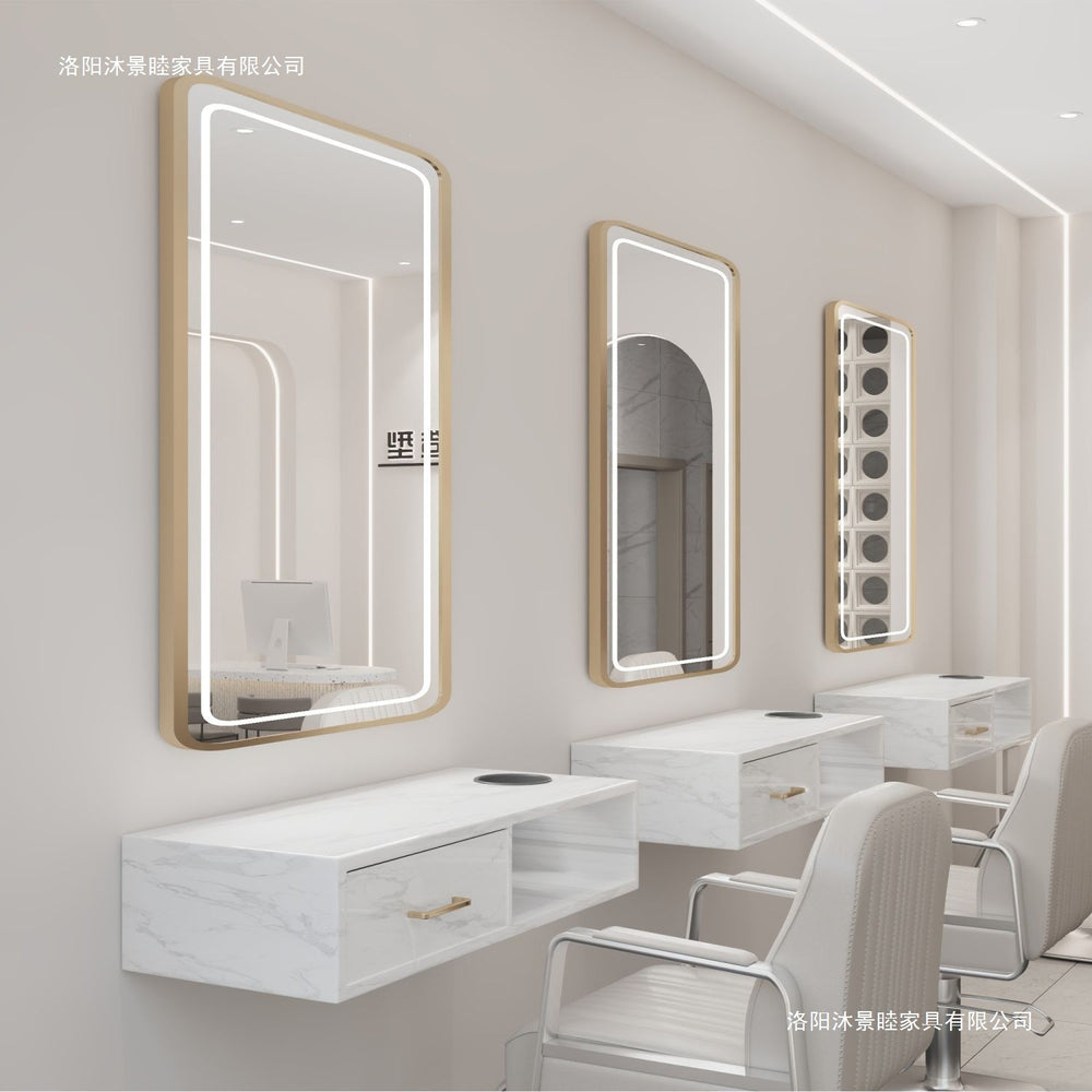 Influencer-approved barber shop mirror table, salon wall-mounted minimalist hairdressing mirror, touch-control led hairdressing mirror