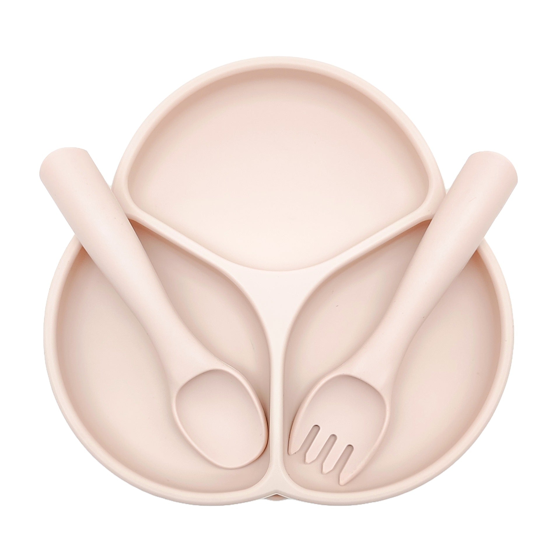 Food-grade silicone fork and spoon set, simple flower three-grid plate, non-slip silicone fork and spoon plate two-piece set