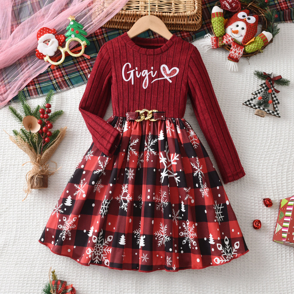 christmas girls' dress - red crew neck long sleeve letter print patchwork plaid skirt