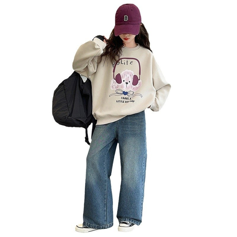 Girls' winter sweatshirt  new style kids' fashionable autumn outfit big kids' spring and autumn fleece-lined pullover loose top