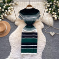 Korean style color block striped knit dress - women's 2026 summer slim fit short sleeve a-line dress - commute chic