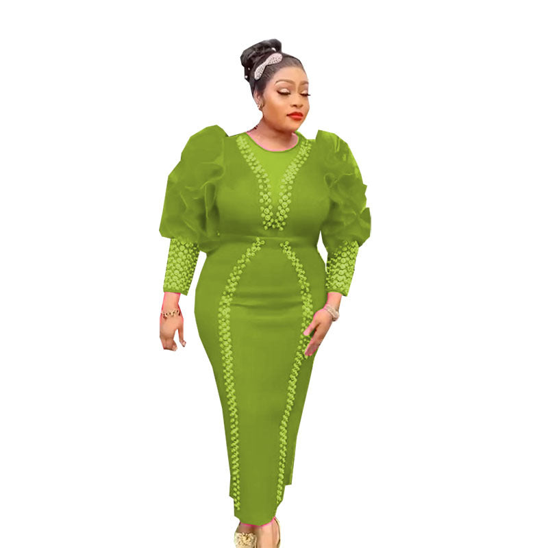 fashion knitting heavy industry hot diamond beading puff sleeves long sleevesilm pencil skirt dress long skirt african women