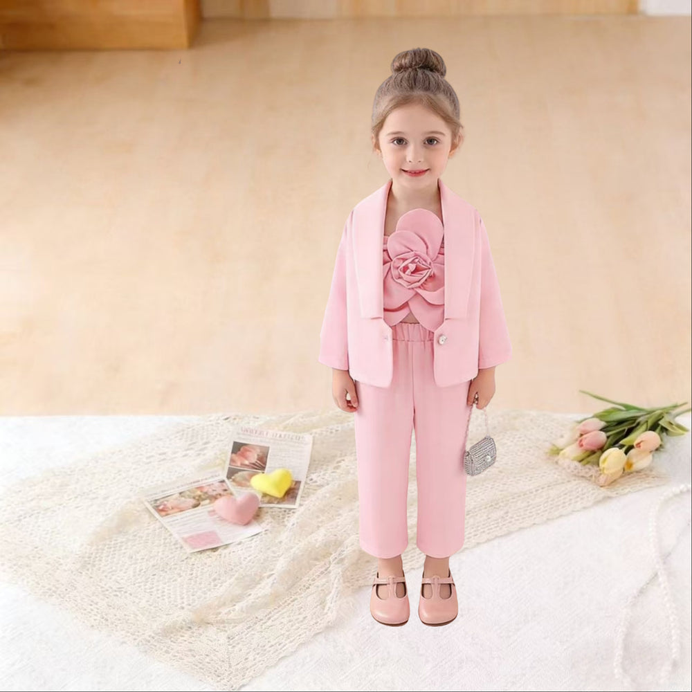 Amazon fashionfall and winternew arrivalfemale middle childsuitpure color lapel outwear with vest flower pants three-piece set