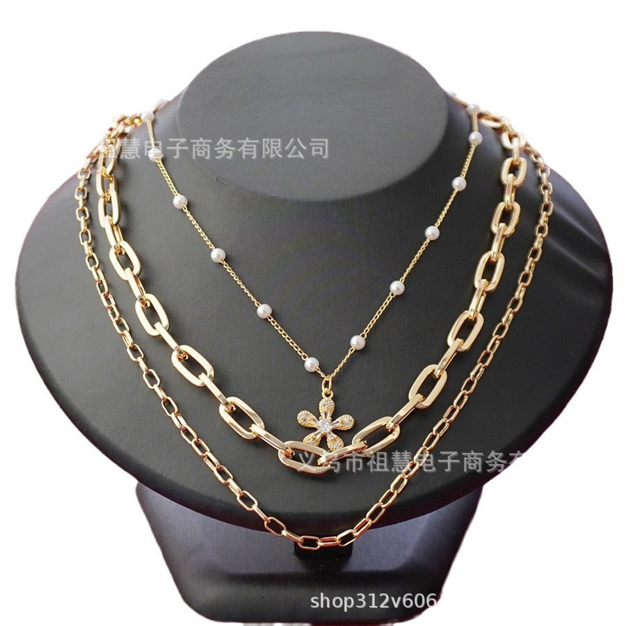 Faux pearl long drawstring necklace floral necklace 3-in-1 unique pearl necklace simple choker school gift
