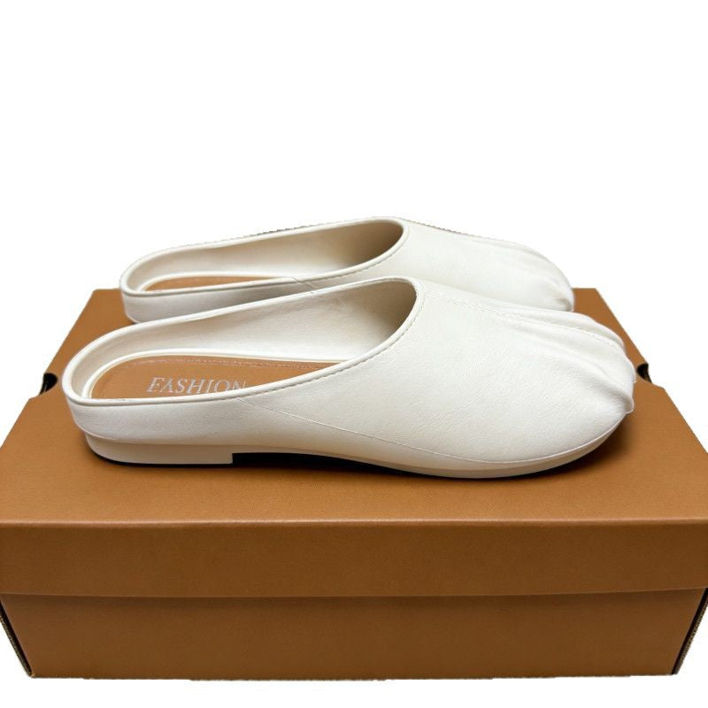 Baotou half drag square toe pleated slippers for women 2026 k-style casual lazy one-leg flat bottom fashion women's shoes