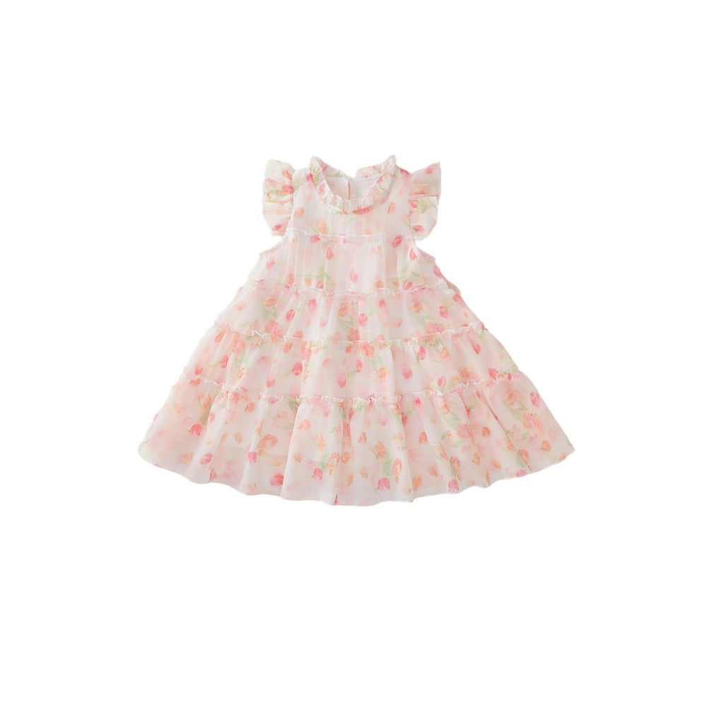 Girls' pink floral dress -  summer new arrival - korean style sleeveless ruffle trim tiered dress for toddlers and young children