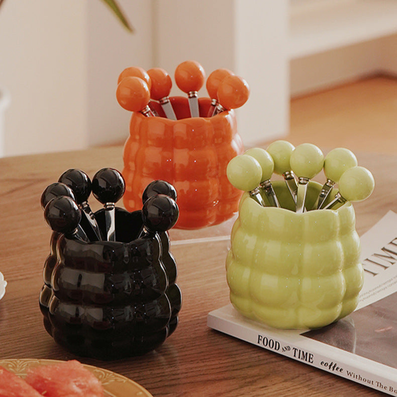 Carefully selected cream style ceramic fruit fork accessible luxury set high-looking stainless steel fruit pick home decoration storage tube