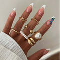 European and american cross-border faux pearl ring set - niche, trendy, retro, light luxury, multi-layer geometric arc surface finger rings & jewelry
