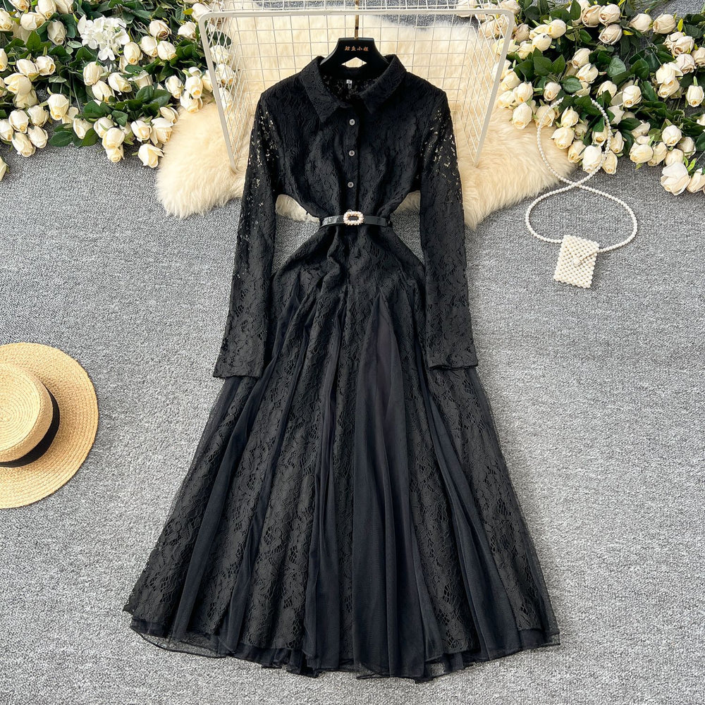 French retroelegancedress women's winter classy crochet lacepatchwork mesh asymmetrical over-the-knee long skirt