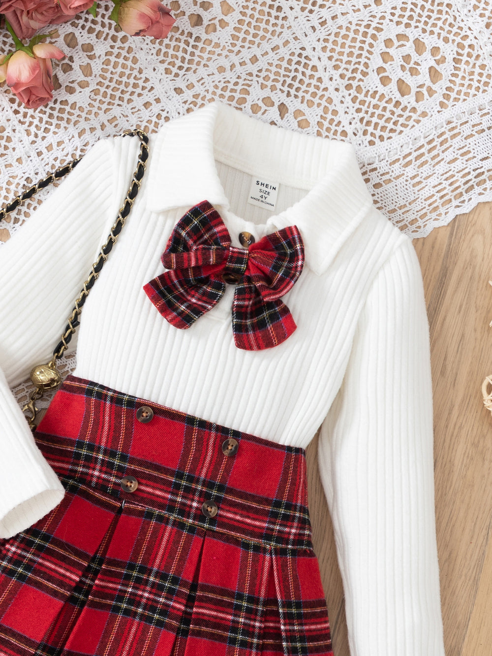 autumn cross-border girls' preppy bow top + plaid a-line skirt two-piece set