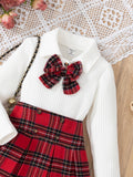 autumn cross-border girls' preppy bow top + plaid a-line skirt two-piece set