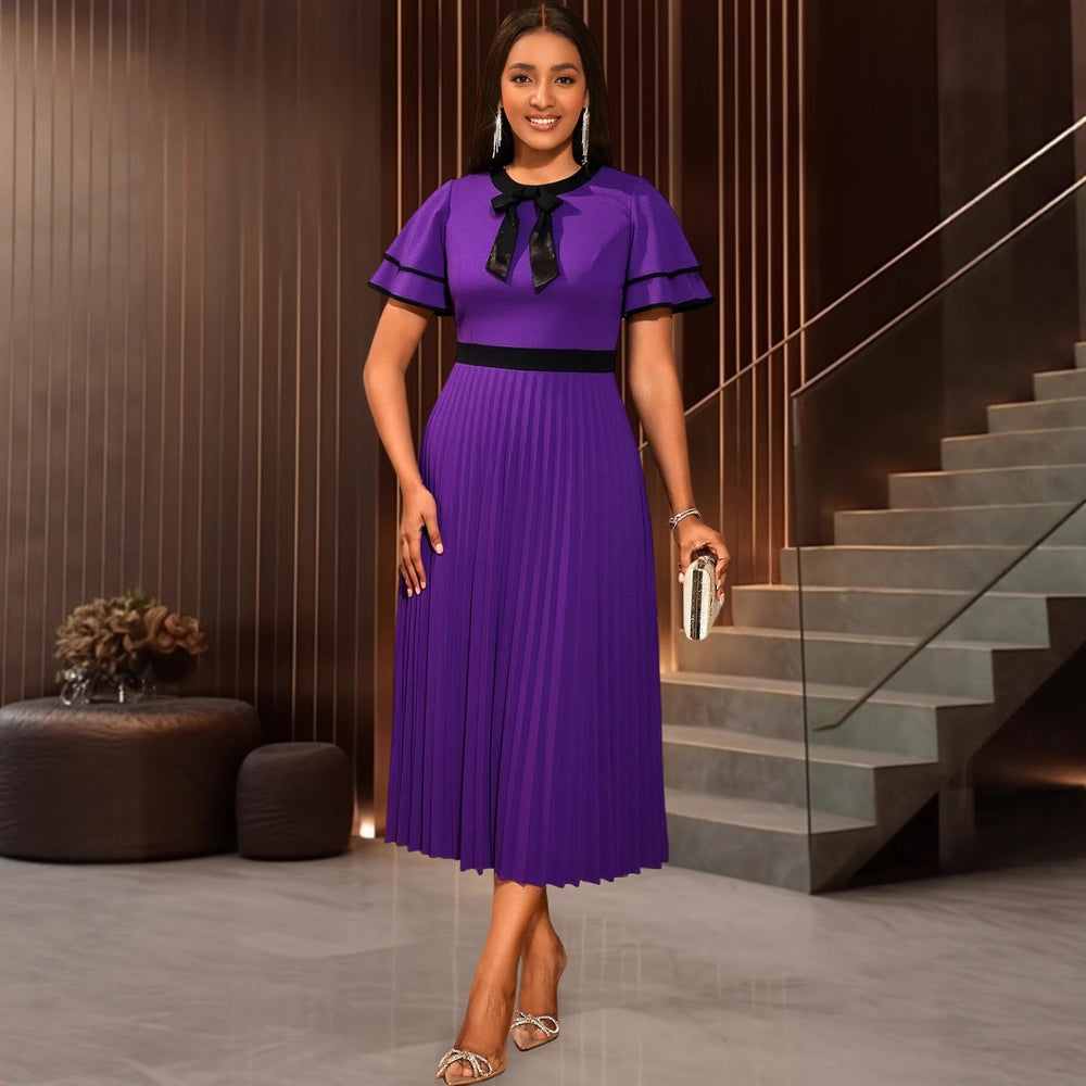 Plus size vintage elegant round neck bowknot pleated skirt double layer ruffle sleeve cinched waist party dress