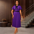 Plus size vintage elegant round neck bowknot pleated skirt double layer ruffle sleeve cinched waist party dress