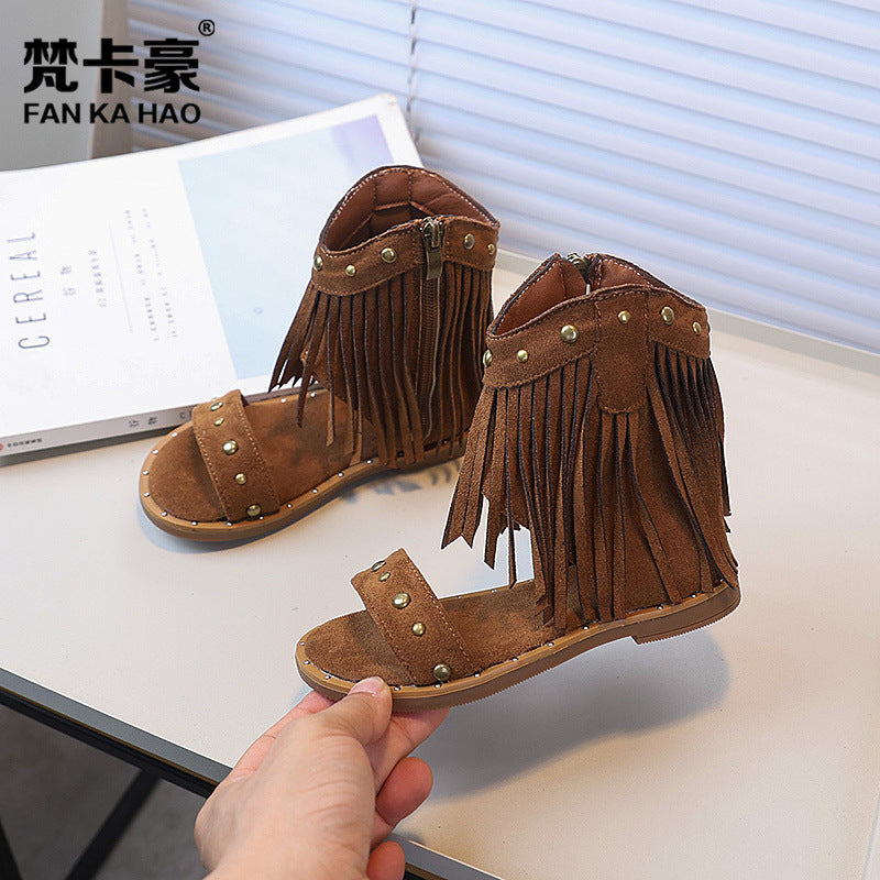 Summer rivet boots new arrivalgirl one strap roman shoes semya style tassel high slope heel kids sandals