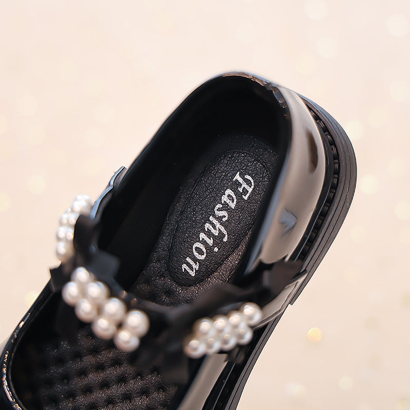 Vancahao kids' black single shoes -  autumn new collection - girls' fashion beaded bow patent leather princess shoes