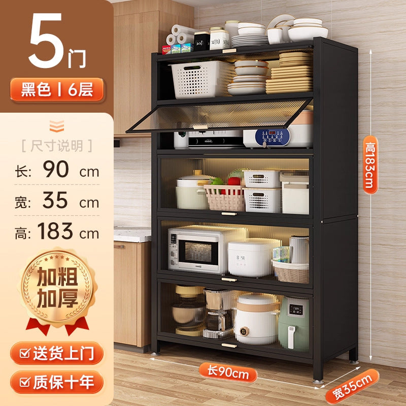 Multifunctional kitchen storage rack with cabinet doors, floor-standing, multi-tier, dustproof storage cabinet for microwave, pots, pans, and bowls