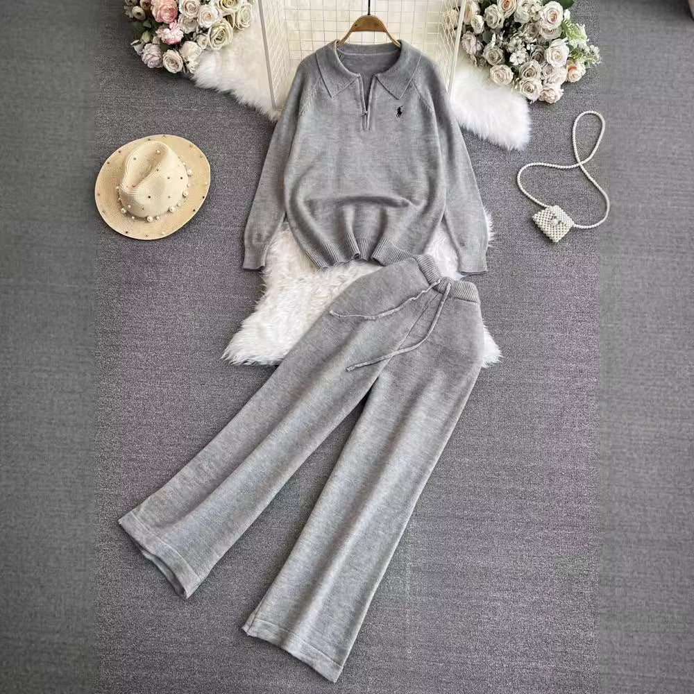Fashionsuitfemalek-stylelong sleeves lapel looseknitting shirt sweatertwo-piece setcasualhigh waiststraight-legloose pants