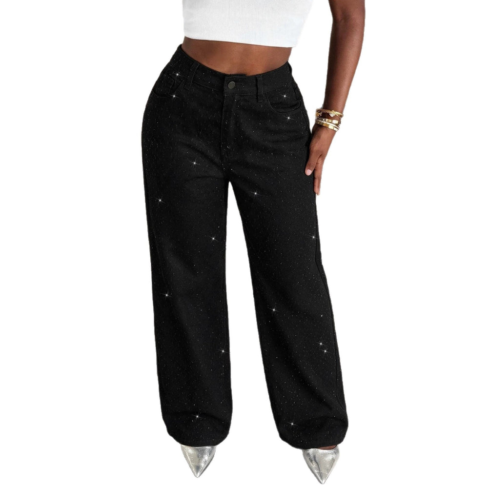 Fashionjeans women's high waist sparkling diamond wide leg jeans starry hot diamond loosedrapedstraight-leg denim pants