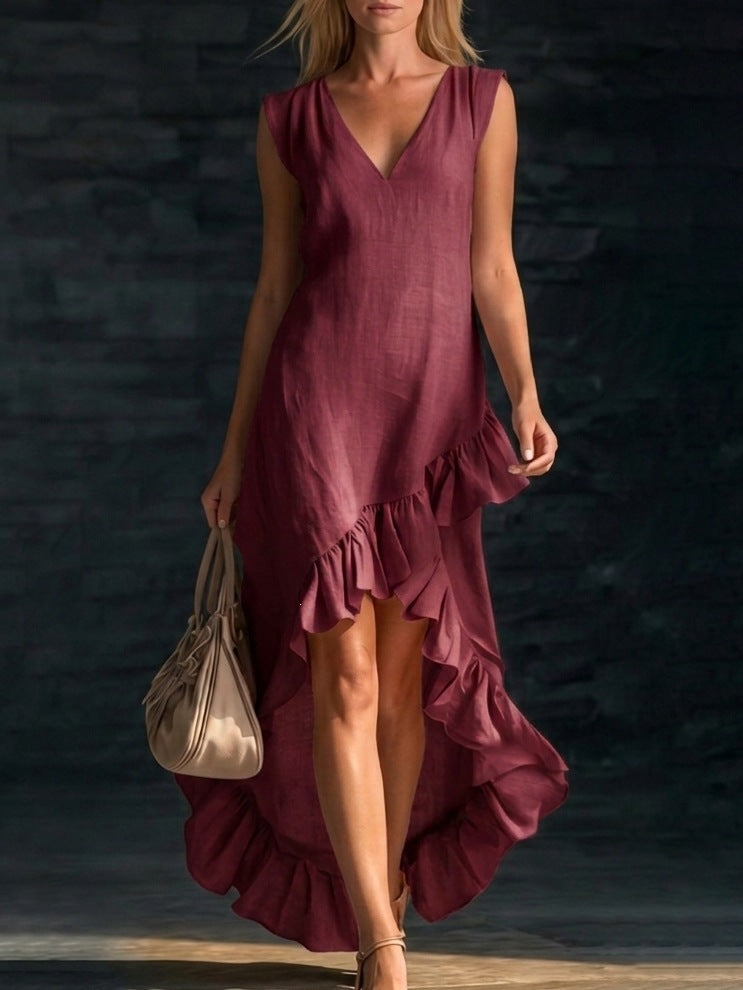 european and american cross-border  new fashion romantic sleeveless v-neck ruffle hem cotton linen maxi dress