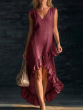 european and american cross-border  new fashion romantic sleeveless v-neck ruffle hem cotton linen maxi dress