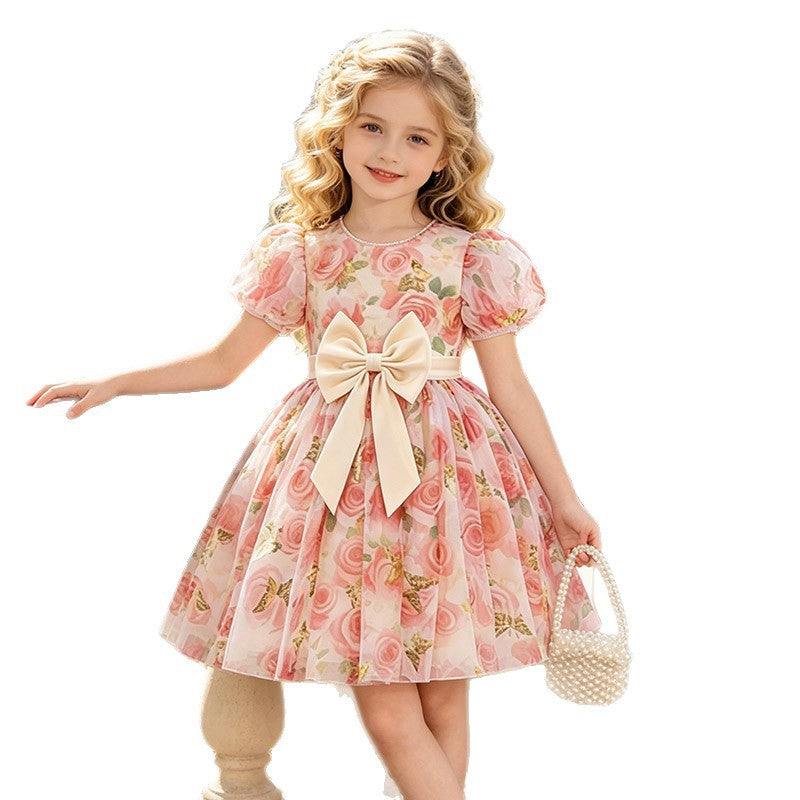Girls' summer new sweet floral print bubble sleeve dress - perfect for girls' birthday parties - french style cross-border fashion