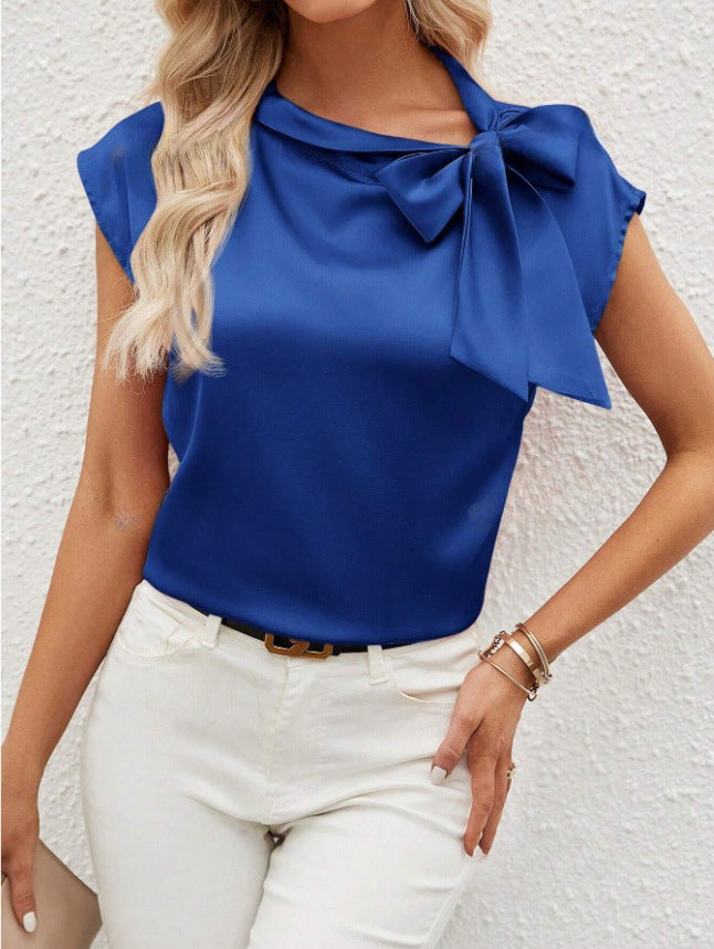 semi-open neck bow satin top, niche design satin women's clothing,   European and American new T-shirts