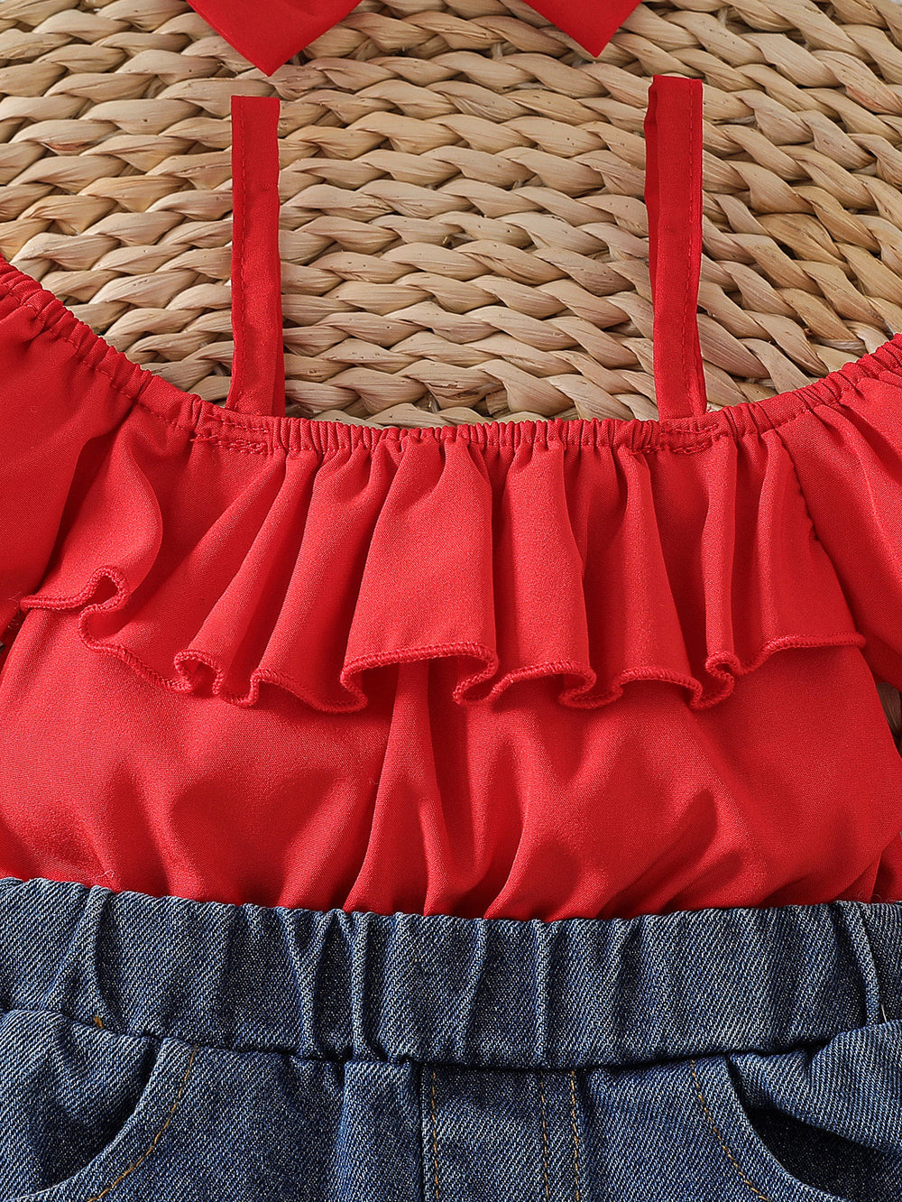 hot selling baby girl one shoulder ruffle suspender tops + strawberry embroidered denim short suit with headscarf