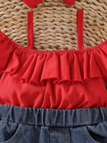 hot selling baby girl one shoulder ruffle suspender tops + strawberry embroidered denim short suit with headscarf
