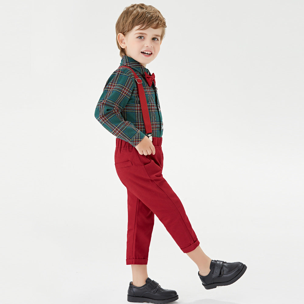 New boys' suit set: autumn cotton long-sleeve plaid shirt, christmas gentleman outfit, children's first birthday dress