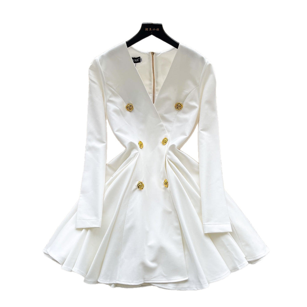 French retro chic high-end v-neck metallic buckle long sleeve cinched waist flared dress - women's autumn formal dress
