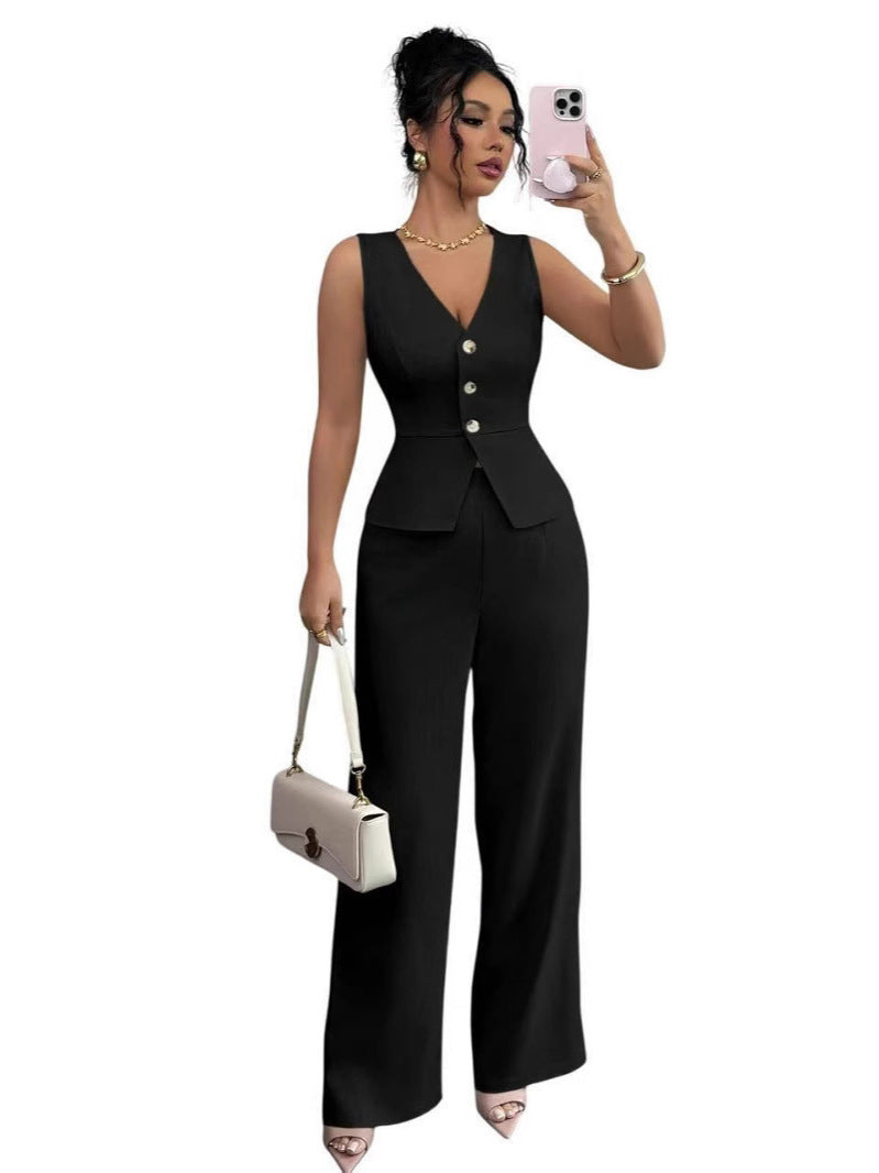 summer new women's solid color sleeveless slim-fit vest and high-waisted casual pants two-piece set - cross-border e-commerce
