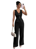 summer new women's solid color sleeveless slim-fit vest and high-waisted casual pants two-piece set - cross-border e-commerce