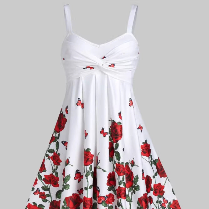 cross-border  european and american women's fashion 3d floral ruched waist dress
