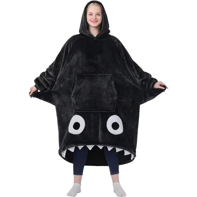 D77 winter flannel robe - big eye embroidered shark cartoon casual hooded sweatshirt cute blanket pajamas