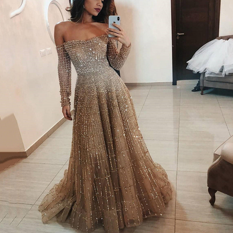 spring new arrivals:  us & eu women's shimmering bandeau long sleeve maxi dress/gown