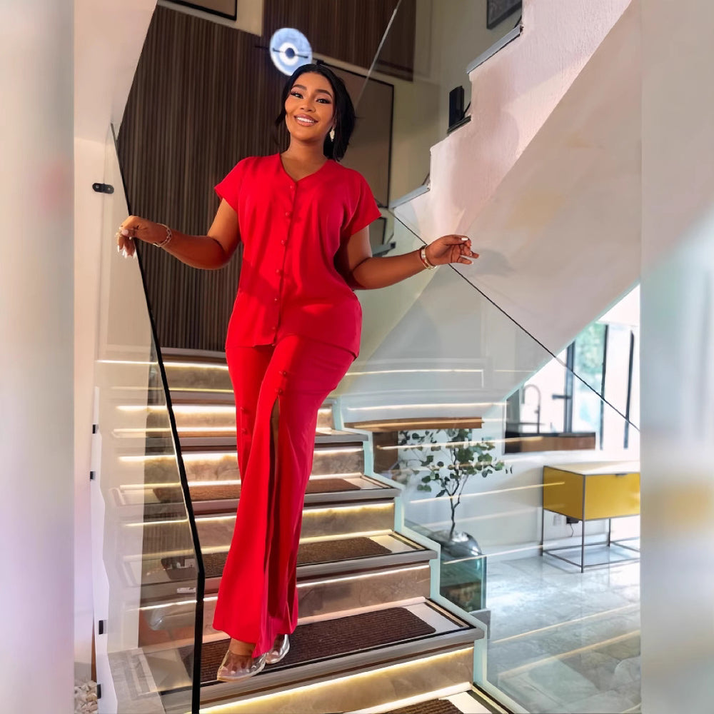 European and american cross-border women's fashion:  autumn/winter new collection - solid color v-neck single-breasted top and slit wide-leg pants two-piece set