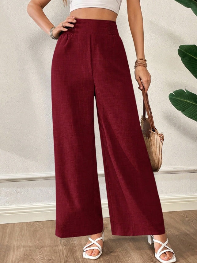 european and american cross-border  spring/summer new women's solid color shirred patchwork high-waisted slimming wide-leg pants