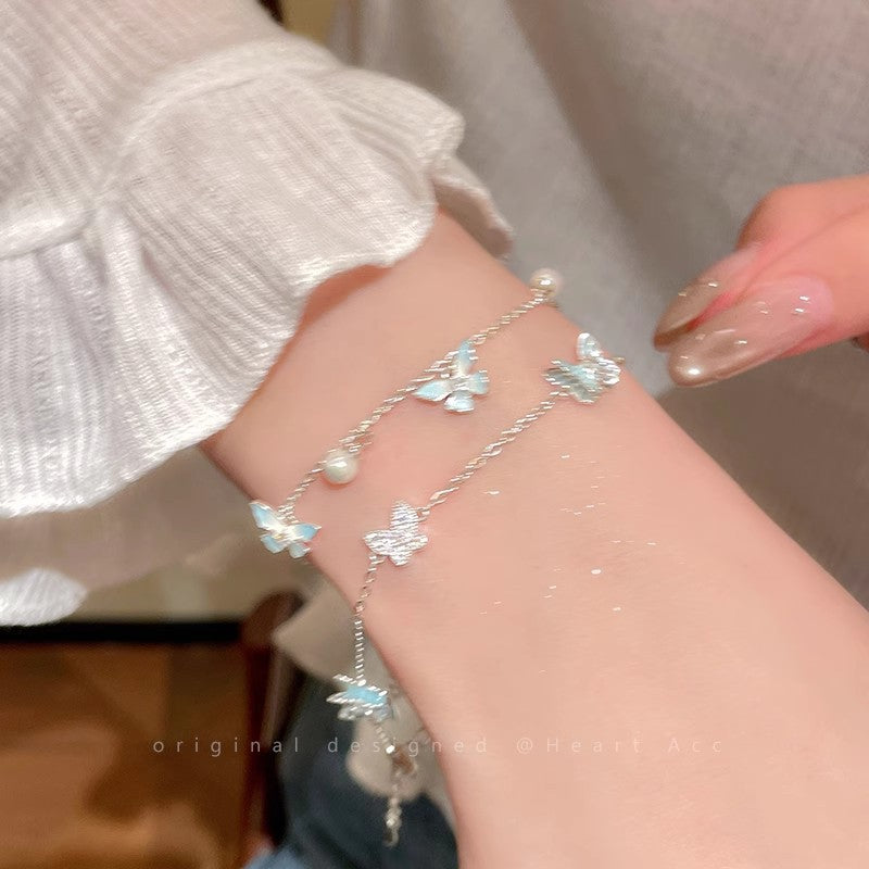 Mint blue butterfly pearl bracelet - women's fashion, high-end, sweet & exquisite jewelry, summer fresh & versatile accessory