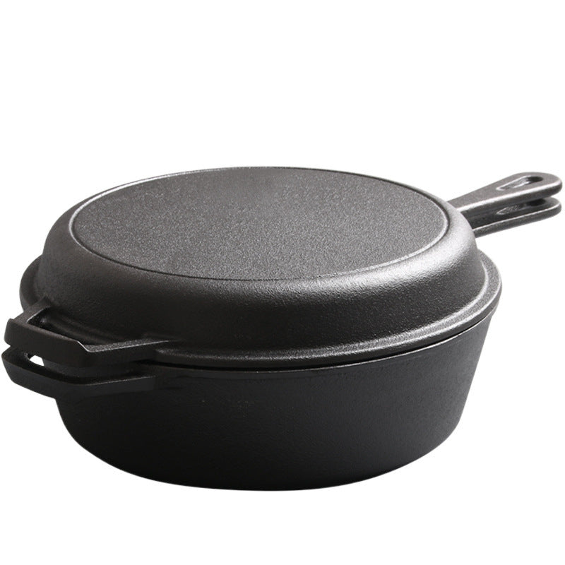 Cast iron dual-purpose pan, flat-bottomed steak frying pan, household soup pan, uncoated saucepan, thickened old-fashioned handmade raw iron pan