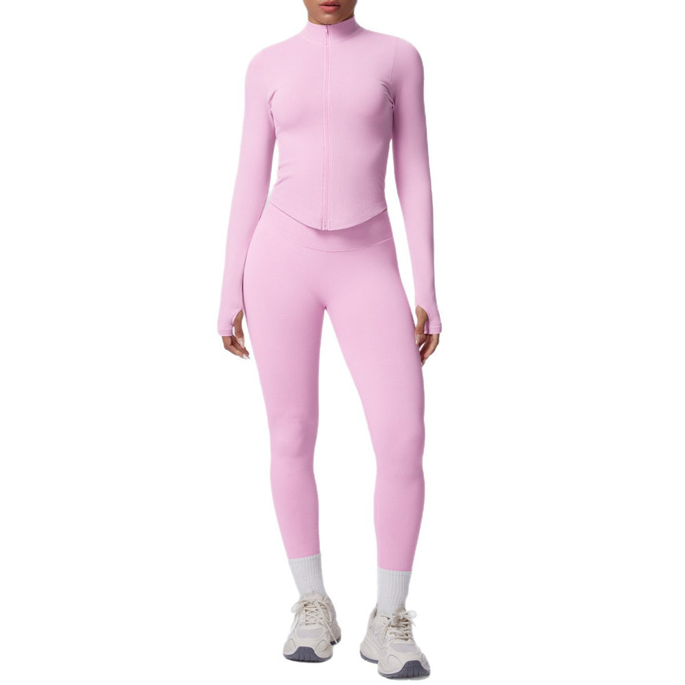 seamless pure color tight high elastic breathable zipper nine-point sports suit running fitness yoga suit two-piece set