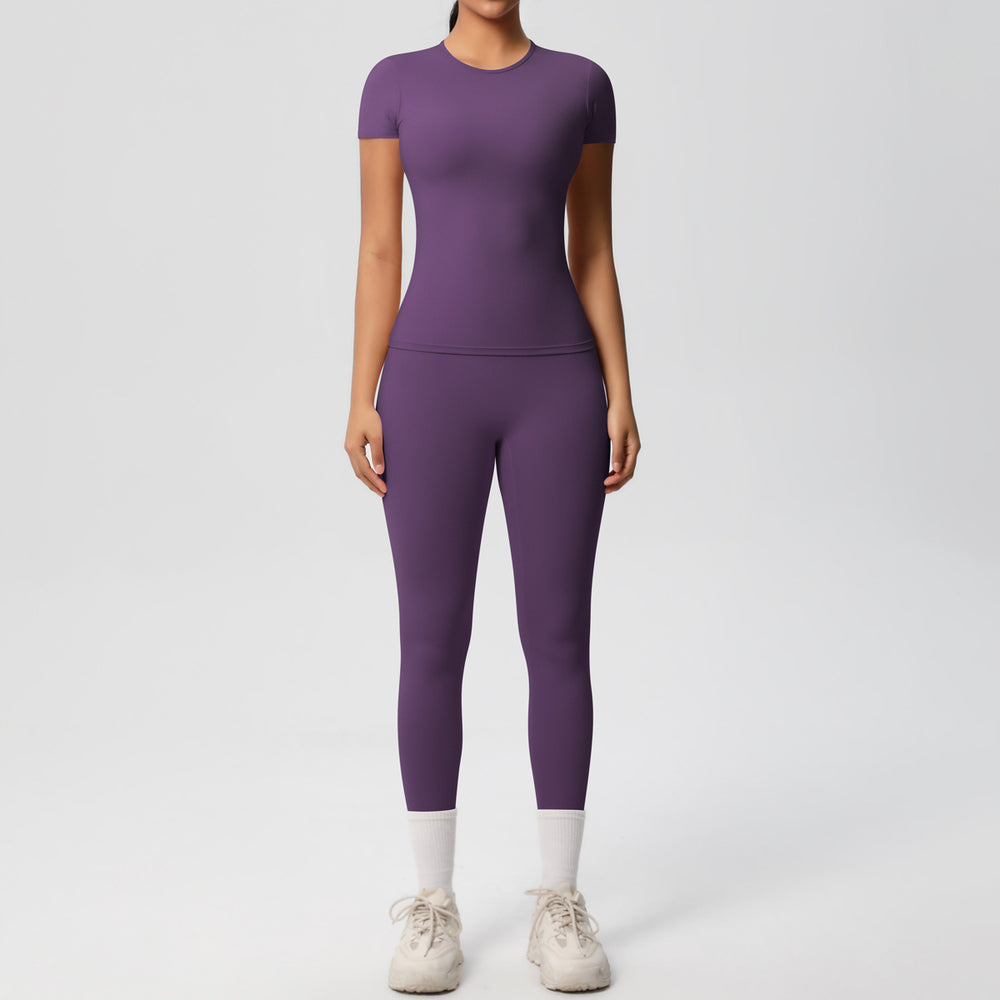 Ready-to-ship, solid color, double-sided brushed, breathable, form-fitting, two-piece activewear set for fitness, running, and yoga