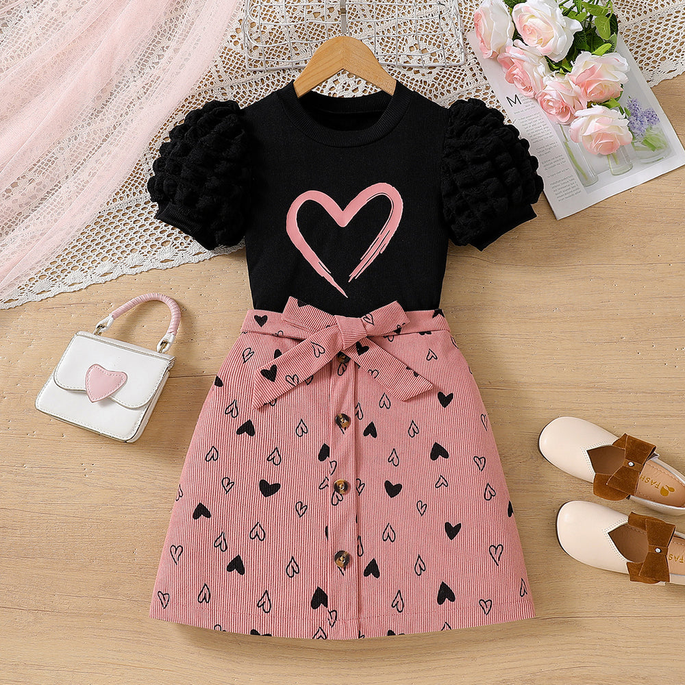 spring/autumn casual new style girls' bubble sleeve printed top + heart-shaped a-line skirt set