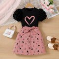 spring/autumn casual new style girls' bubble sleeve printed top + heart-shaped a-line skirt set