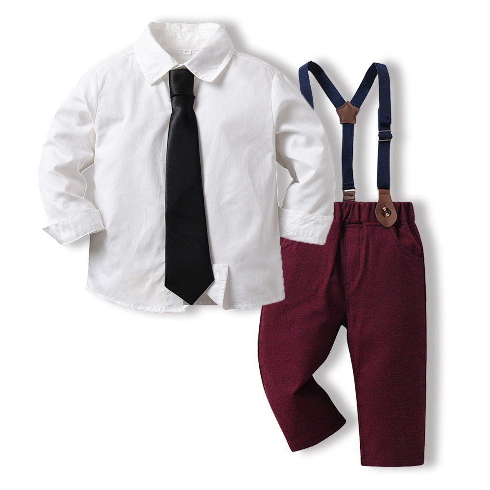 Wholesale children's clothing: new autumn long-sleeve white shirt with tie and overalls - stylish korean style formal wear for kids