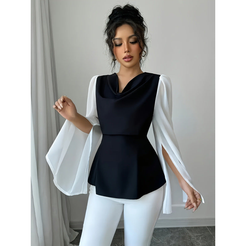 code new arrival  original women's black and whitecontrast colorpatchworktie back waist shirt
