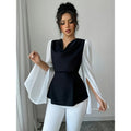code new arrival  original women's black and whitecontrast colorpatchworktie back waist shirt
