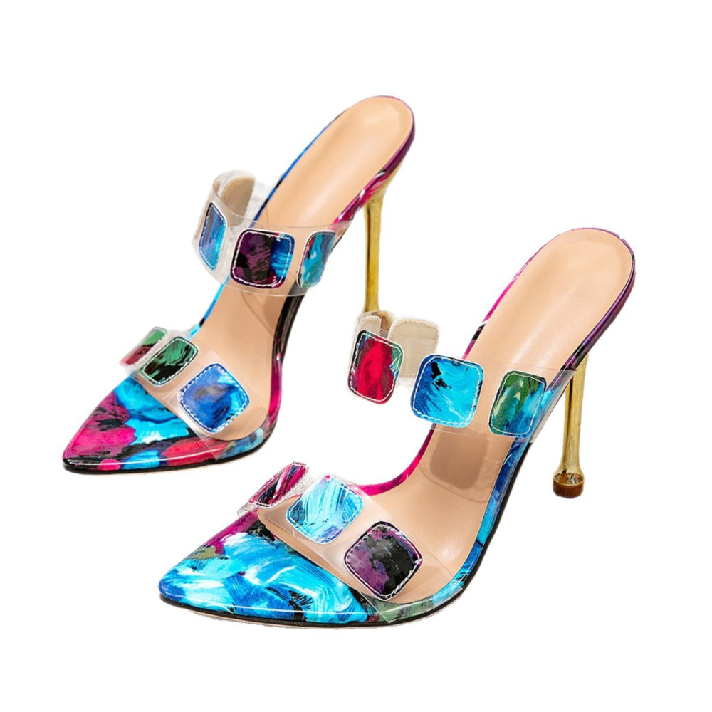 New women's fashion slippers: bright color chunky heel, versatile sandals, color block pointed toe high heels, export cross-border women's high heels