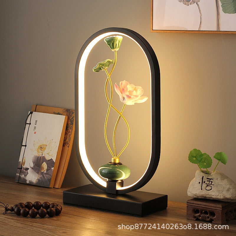 New chinoiserie table lamp bedroom bedside lamp zen ornaments wedding girl lotus creative gift home remote control lotus