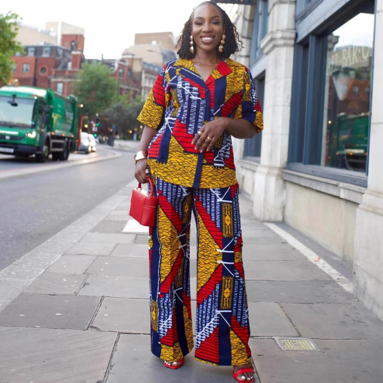 European and American large size loose lapel short-sleeved printed cardigan shirt African casual wide-leg trousers foreign fashion suit